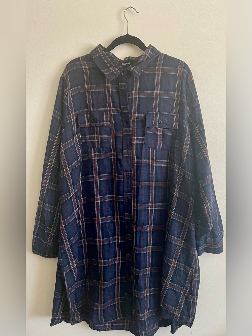 🫐 NWT Boohoo Plus Navy and Burgundy Plaid Button-Front Shirt Dress 🫐